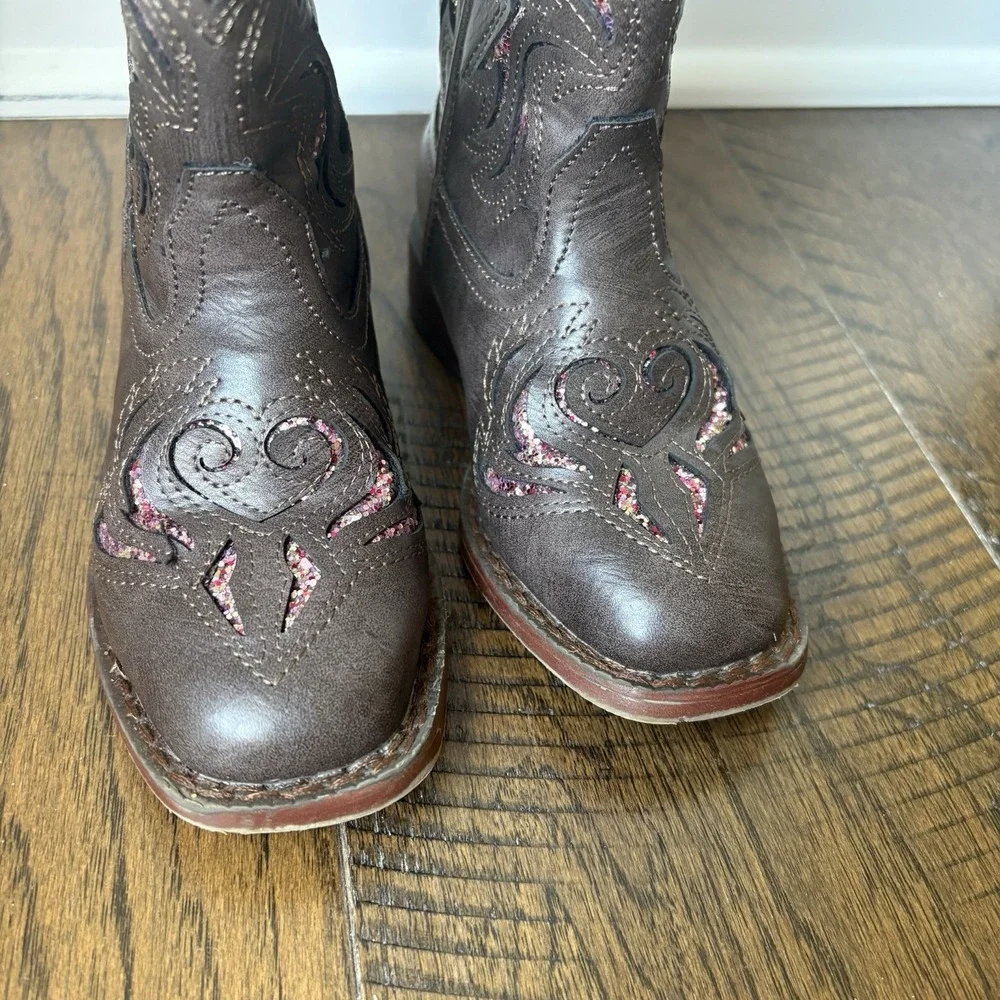 Roper Toddler Brown & Pink Glitter Inlay  Western Square Toe Boots Size 9
